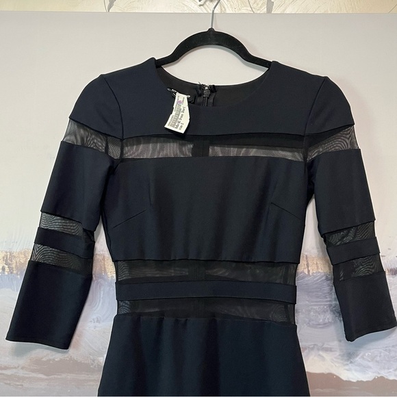 Vtg BEBE Sexy Black Bodycon Mini Dress NWT Sz S/P Sheer Mesh Detail 3/4 Sleeve - Picture 2 of 16